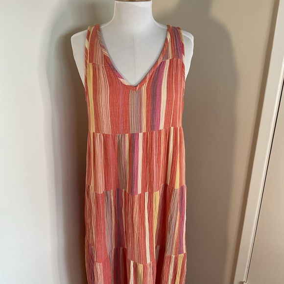 1. Marine Layer Corinne Striped Linen Maxi Dress Pink Orange Tiered Boho Pockets - Picture 5 of 9